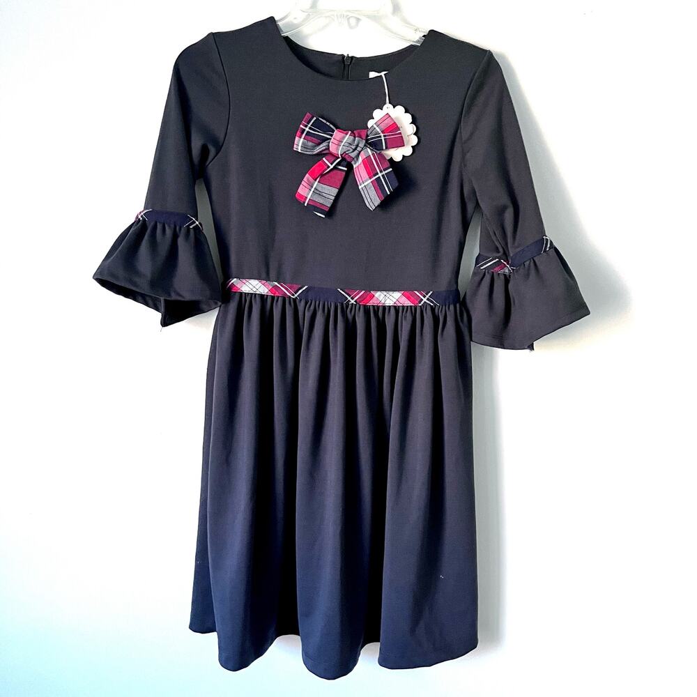 Patachou girls navy holiday dress with plaid bow NWT size 12